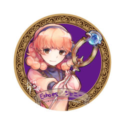 Rule 34 | 1girl, brown eyes, copyright name, curly hair, fire emblem, fire emblem echoes: shadows of valentia, genny (fire emblem), hairband, long hair, nintendo, pink hair, simple background, solo, staff, tarayuki, white background