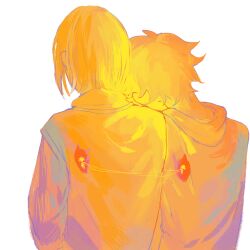 Rule 34 | 2boys, absurdres, ahoge, chinese commentary, commentary request, from behind, haikyuu!!, highres, hinata shouyou, hood, hood down, hooded jacket, jacket, kozume kenma, leaning on person, male focus, messy hair, multiple boys, orange theme, sea-211, shirt, short hair, simple background, turtleneck, turtleneck shirt, upper body, white background