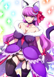Rule 34 | 10s, 1girl, animal ears, artist name, bare shoulders, black panties, black thighhighs, blush, breasts, cat ears, cat tail, choker, cleavage, closed mouth, collarbone, covered erect nipples, cure macaron, cure macaron (a la mode style), dress, earrings, ears through headwear, female pubic hair, food-themed hair ornament, garter belt, garter straps, gem, gloves, hair ornament, jewelry, joy ride, kirakira precure a la mode, kotozume yukari, large breasts, long hair, macaron hair ornament, panties, precure, pubic hair, purple eyes, purple hair, see-through, smile, solo, sparkle, tail, thighhighs, underwear, very long hair, white gloves