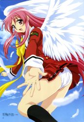 Rule 34 | angel wings, black socks, blue sky, bow, buttons, cloud, feathers, flying, from below, highres, jacket, japanese text, kneehighs, koikoi 7, long hair, looking at viewer, looking to the side, megami magazine, numbered, open mouth, panties, pantyshot, patch, pink eyes, pink hair, reaching, reaching towards viewer, red jacket, red skirt, skirt, sky, socks, sparkle, underwear, white panties, white wings, wings, yellow bow