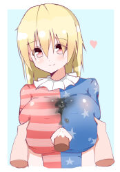 Rule 34 | 1girl, alternate breast size, artist request, blonde hair, blue background, breasts, clothed paizuri, clownpiece, cum, cum on body, cum on breasts, cum on upper body, heart, large breasts, paizuri, penis, pov, red eyes, source request, touhou