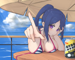 Rule 34 | 1girl, ahchih, bikini, blue hair, blush, breast rest, breasts, can, cleavage, closed mouth, cloud, highres, large breasts, light rays, long hair, looking at viewer, love live!, love live! sunshine!!, matsuura kanan, ocean, outdoors, parasol, pointing, ponytail, purple eyes, sky, solo, striped bikini, striped clothes, swimsuit, umbrella, untied bikini, water