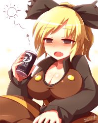 Rule 34 | 1girl, animal ears, bad id, bad pixiv id, blush, boss coffee, bow, breasts, brown dress, brown eyes, can, cleavage, coffee, dress, drooling, drunk, hair bow, hiccup, kisaragi zwei, kurodani yamame, large breasts, long sleeves, md5 mismatch, mouse ears, nazrin, open mouth, shirt, solo, touhou