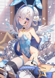 Rule 34 | 1girl, absurdres, amane kanata, angel wings, animal ears, bare shoulders, blue hair, blue wings, blush, braid, breasts, collar, colored inner hair, covered navel, detached collar, fake animal ears, feathered wings, floral print, flower, frills, gradient eyes, gradient wings, grey hair, hair between eyes, hair bun, hair flower, hair ornament, hairclip, highleg, highleg leotard, highres, hololive, juu p, leotard, looking at viewer, mini wings, multicolored eyes, multicolored hair, multicolored wings, off shoulder, oversized breast cup, paintbrush, parted lips, pink hair, playboy bunny, purple eyes, rabbit ears, short hair, sidelocks, sitting, small breasts, solo, strapless, strapless leotard, streaked hair, thighhighs, virtual youtuber, white collar, white thighhighs, white wings, wings, x hair ornament, yokozuwari
