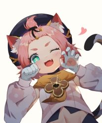 Rule 34 | 1girl, animal ear fluff, animal ears, animal hands, beige background, black hat, blush, cat ears, cat girl, cat tail, child, claw pose, diona (genshin impact), fang, genshin impact, glint, gloves, green eyes, hat, heart, lmonster guai, navel, one eye closed, open mouth, patterned, patterned clothing, paw gloves, paw pose, pink hair, short hair, simple background, smile, solo, tail, tongue, white gloves