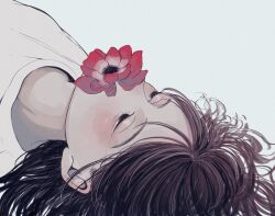 Rule 34 | 1girl, black eyes, black hair, flower, flower in mouth, grey background, highres, looking up, lying, oekkano, on back, original, red flower, shirt, simple background, solo, white shirt