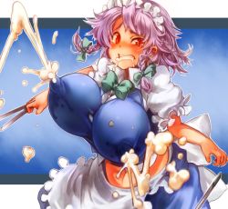 Rule 34 | 1girl, blush, breasts, covered erect nipples, female focus, huge breasts, izayoi sakuya, lactation, lactation through clothes, maid, purple hair, red eyes, sachito, short hair, silver hair, solo, embodiment of scarlet devil, touhou