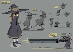 Rule 34 | 1girl, absurdres, animal, black eyes, brown hair, bug, character name, character sheet, cloak, dust, dust cloud, english text, closed eyes, fingernails, grey background, hair between eyes, hat, highres, holding, holding sword, holding weapon, hongga, huge weapon, jumping, long hair, multiple views, no pupils, original, running, simple background, speech bubble, spider, standing, sword, torn cloak, torn clothes, torn hat, weapon, white eyes, witch hat