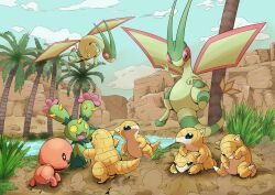 Rule 34 | colored skin, creatures (company), desert, dragon, dust, flygon, game freak, gen 1 pokemon, gen 3 pokemon, gen 5 pokemon, green skin, highres, lake, maractus, nature, nintendo, no humans, oasis, outdoors, palm tree, pokemon, pokemon (creature), q-chan, sand, sandshrew, trait connection, trapinch, tree, water, wings