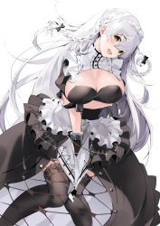 Rule 34 | 1girl, :d, ann (ann58533111), arm under breasts, azur lane, black bow, black thighhighs, bow, braid, breasts, center frills, cleavage, cleavage cutout, clothing cutout, commentary request, dress, frilled skirt, frills, hair between eyes, hair bow, hermione (azur lane), highres, large breasts, long hair, maid, maid headdress, open mouth, skirt, smile, thighhighs, twin braids, white background, white hair, wrist cuffs, yellow eyes