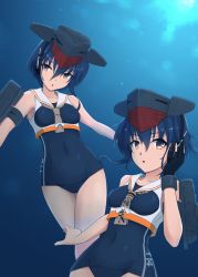 Rule 34 | 2girls, asymmetrical hair, bare shoulders, black one-piece swimsuit, blue background, brown neckwear, collarbone, day, framed breasts, gloves, hair between eyes, headphones, highres, i-13 (kancolle), i-14 (kancolle), kantai collection, mmt uf, multiple girls, one-piece swimsuit, outdoors, partially fingerless gloves, school swimsuit, swimsuit