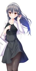 Rule 34 | 10s, 1girl, adapted costume, alternate costume, bag, black hair, blush, commentary request, dress, hair between eyes, hair flip, hair ornament, hairband, hairclip, haruna (kancolle), headgear, kantai collection, long hair, long sleeves, looking at viewer, mitsukoshi (department store), pantyhose, shopping bag, simple background, smile, solo, thighhighs, white background, yuumaru (you-mya)