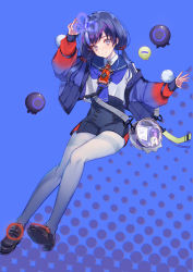 Rule 34 | 1girl, bag, black footwear, black hair, black shorts, blue background, blue hair, blue jacket, blue neckerchief, blue pantyhose, blue sailor collar, blueberry, blush, closed mouth, crop top, food, fruit, full body, gradient hair, gradient jacket, gradient legwear, grey eyes, halo, high-waist shorts, jacket, pantyhose under shorts, loafers, long hair, long sleeves, looking at viewer, multicolored hair, neckerchief, nijisanji, oekakikei, off shoulder, open clothes, open jacket, pantyhose, ponto nei, purple eyes, purple hair, red jacket, sailor collar, school uniform, shirt, shoes, shorts, sleeves past wrists, smile, solo, streaked hair, thighband pantyhose, twintails, virtual youtuber, white pantyhose, white shirt
