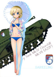 Rule 34 | 10s, 1girl, absurdres, barefoot, bikini, blonde hair, blue bikini, blue eyes, braid, breasts, caterpillar tracks, character name, churchill (tank), cleavage, collarbone, darjeeling (girls und panzer), emblem, frilled umbrella, frills, full body, girls und panzer, groin, highres, holding, holding umbrella, looking at viewer, military, military vehicle, motor vehicle, navel, short hair, side-tie bikini bottom, simple background, small breasts, smile, solo, st. gloriana&#039;s (emblem), standing, swimsuit, tank, thighs, umbrella, white background, white umbrella