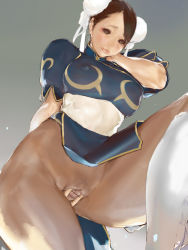 Rule 34 | 1girl, bad id, bad pixiv id, bar censor, blue dress, boots, bracelet, breasts, brown eyes, brown hair, brown pantyhose, bun cover, capcom, censored, china dress, chinese clothes, chun-li, covered erect nipples, cross-laced footwear, double bun, dress, female pubic hair, gradient background, hair bun, highres, jewelry, lace-up boots, large breasts, leg lift, lips, mumaya, no panties, pantyhose, pelvic curtain, pointless censoring, pubic hair, puffy short sleeves, puffy sleeves, pussy, sash, short hair, short sleeves, solo, spiked bracelet, spikes, spread pussy, spread pussy under clothes, street fighter