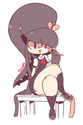 Rule 34 | 1girl, artist name, bandaid, bandaid on face, bandaid on nose, black hair, black socks, blunt bangs, creatures (company), crossed legs, diives, gaghiel (evangelion), game freak, gen 3 pokemon, holding, holding pencil, long hair, looking at viewer, mawile, nintendo, pencil, personification, pokemon, red eyes, shoes, short sleeves, sitting, socks, solo, tongue, tongue out, very long hair