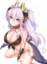 Rule 34 | 1girl, ahoge, arched back, bad id, bad pixiv id, bikini, black bikini, black wings, blue eyes, blush, breasts, cleavage, demon tail, feathered wings, front-tie bikini top, front-tie top, hair between eyes, horns, kneeling, large breasts, long hair, looking at viewer, mofuaki, one side up, original, parted lips, pointy ears, purple hair, sidelocks, smile, solo, swimsuit, tail, thick eyebrows, thighs, wings