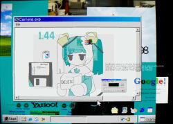 Rule 34 | 1girl, black eyes, blue hair, blue shirt, blush, box, collage background, commentary, commentary request, cursor, double exposure, english commentary, english text, floppy disk, folder, gloves, google, hair ornament, highres, holding, holding box, icon (computing), jitome, long hair, microsoft windows, mixed-language commentary, morizo (morizoshop), multicolored hair, no mouth, original, photo inset, scanlines, shirt, solo, twintails, two-tone hair, upper body, user interface, white gloves, white hair, window (computing), windows 95, windows desktop, windows logo, yahoo!