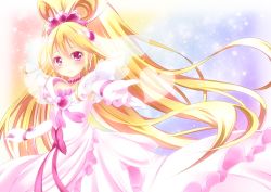 Rule 34 | 1girl, aida mana, bad id, bad pixiv id, bare shoulders, blonde hair, bow, brooch, choker, cure heart, cure heart (engage mode), curly hair, dokidoki! precure, dress, earrings, engage mode (dokidoki! precure), frills, gloves, hair ornament, half updo, heart, heart brooch, heart hair ornament, highres, jewelry, long hair, magical girl, outstretched hand, pink bow, pink eyes, ponytail, precure, rainbow background, ribbon, smile, solo, strapless, strapless dress, veil, yayayoruyoru