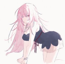 Rule 34 | 1girl, black choker, black nightgown, breasts, choker, highres, hololive, hololive english, large breasts, leaning forward, long hair, looking at viewer, messy, messy hair, mori calliope, mori calliope (sleepwear), nightgown, pink eyes, pink hair, pout, virtual youtuber, white background, wowari-c.
