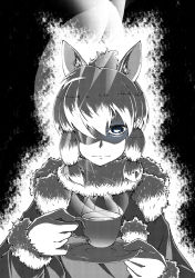 Rule 34 | 10s, 1girl, alpaca ears, alpaca suri (kemono friends), animal ears, aura, blue eyes, closed mouth, coat, commentary, cup, fur-trimmed sleeves, fur collar, fur trim, greyscale, hair over one eye, halftone, highres, holding, kaya (nari1-24), kemono friends, long sleeves, looking at viewer, monochrome, saucer, short hair, sidelocks, smile, solo, spot color, standing, steam, teacup, upper body