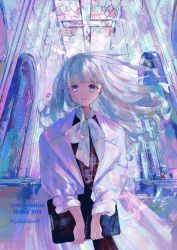 Rule 34 | 1girl, absurdres, blue eyes, church, coat, commission, dress, floating hair, highres, holding, indoors, jamu (yakinikuoi4), long hair, long sleeves, looking at viewer, open mouth, original, skeb commission, smile, solo, stained glass, standing, white coat