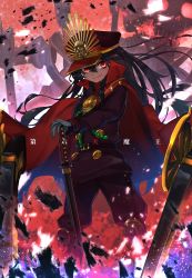 Rule 34 | 1girl, antique firearm, bad id, bad pixiv id, belt, belt buckle, black belt, black hair, brown jacket, brown pants, buckle, buttons, cape, chain, cloak, closed mouth, commentary request, double-breasted, family crest, fate/grand order, fate (series), fire, firearm, flaming eyes, floating hair, gloves, glowing, glowing eyes, grey gloves, gun, hair between eyes, hat, high collar, highres, holding, holding sword, holding weapon, jacket, kashu (hizake), katana, knee pads, legs apart, light particles, long hair, long sleeves, looking at viewer, military, military uniform, oda clan mon, oda nobunaga (fate), oda nobunaga (koha-ace), pants, peaked cap, red cloak, red eyes, red hat, rifle, scabbard, sheath, sheathed, skeleton, smile, smirk, solo, standing, sword, translation request, uniform, very long hair, weapon, wind
