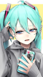 Rule 34 | 1girl, absurdres, adjusting hair, ahoge, aqua hair, aqua nails, arrow (symbol), blue eyes, cannon, cellphone, commentary, drawstring, grey hoodie, hair ornament, half-closed eyes, hand in own hair, hand on own chest, hand up, hatsune miku, heart, highres, holding, holding phone, hood, hoodie, lips, long hair, nail polish, niconico, open mouth, phone, recycling symbol, rsk (tbhono), sideways glance, smartphone, solo, sticker, terebi-chan, translated, twintails, upper body, vocaloid