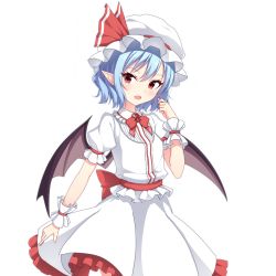 Rule 34 | 1girl, arm garter, bat wings, blue hair, bow, bowtie, cowboy shot, fang, frilled hat, frilled shirt, frilled skirt, frilled sleeves, frills, hat, hat ribbon, highres, junior27016, looking at viewer, mob cap, open mouth, pointy ears, puffy short sleeves, puffy sleeves, red bow, red bowtie, red eyes, red ribbon, remilia scarlet, ribbon, sash, shirt, short hair, short sleeves, simple background, skirt, smile, solo, touhou, white background, white hat, white shirt, white skirt, wings, wrist cuffs