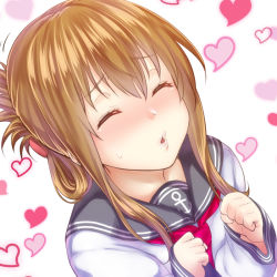 Rule 34 | 10s, 1girl, anchor symbol, bad id, bad pixiv id, blush, brown hair, clenched hand, closed eyes, folded ponytail, heart, inazuma (kancolle), kantai collection, long hair, pursed lips, school uniform, serafuku, simple background, solo, upper body, zucchini