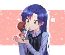 Rule 34 | !, 2girls, amami haruka, blue hair, blue shirt, blush, border, brown eyes, chibi, closed mouth, collarbone, constellation, flat chest, hands up, heart, idolmaster, idolmaster (classic), idolmaster million live!, idolmaster million live! theater days, kisaragi chihaya, kiss, long hair, long sleeves, looking at another, lunim (roo 0 0), moon, multicolored vest, multiple girls, outside border, pink background, rocket, saturn (planet), shirt, signature, speech bubble, star (sky), striped clothes, striped vest, ufo, vertical-striped clothes, vertical-striped vest, vest, white border