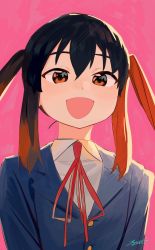 Rule 34 | 1girl, :d, absurdres, black hair, brown hair, collared shirt, grey jacket, highres, jacket, k-on!, multicolored hair, nakano azusa, neck ribbon, open mouth, red background, red ribbon, ribbon, ryusei hashida, school uniform, shirt, sidelocks, signature, simple background, smile, solo, twintails, two-tone hair, upper body, white shirt, wing collar