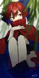 Rule 34 | 1girl, black footwear, blue bow, blurry, bow, cape, covered mouth, dated, depth of field, hair between eyes, hair bow, hand on own chest, highres, hugging own legs, knees up, long sleeves, otoshiro kosame, plant, red cape, red eyes, red hair, ribbon-trimmed footwear, sekibanki, short hair, sideways glance, solo, touhou