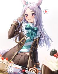 Rule 34 | 1girl, @ @, animal ears, aqua bow, bad id, bad twitter id, black jacket, black legwear, blush, bow, cake, commentary, cup, ear bow, eyes visible through hair, food, fork, frilled sleeves, frills, fruit, hand up, heart, highres, holding, holding fork, horse ears, horse girl, horse tail, jacket, long hair, looking at food, looking at viewer, mejiro mcqueen (umamusume), minttchocok, pleated skirt, purple eyes, purple hair, skirt, solo, spoken heart, strawberry, striped, sweatdrop, sweets, table, tail, umamusume, white background