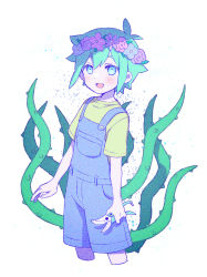 Rule 34 | 1boy, absurdres, ahoge, aqua eyes, basil (omori), blush, child, feet out of frame, green hair, hair between eyes, head wreath, highres, holding, looking at viewer, male focus, manimarough, omori, open mouth, overalls, plant, short hair, shorts, sidelocks, smile, vines, white background