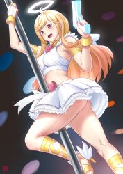 Rule 34 | :d, armband, ass, blonde hair, blush, cosplay, earrings, finalcake, fingerless gloves, gloves, halo, high heels, highres, jewelry, kitagawa marin, long hair, midriff, multiple earrings, open mouth, panty &amp; stocking with garterbelt, panty (psg), panty (psg) (cosplay), piercing, pole, pole dancing, red eyes, shirt, single glove, skirt, sleeveless, sleeveless shirt, smile, sono bisque doll wa koi wo suru, tongue piercing, white gloves, white shirt, white skirt