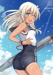 Rule 34 | 10s, 1girl, blonde hair, blue eyes, blue sky, cloud, day, kantai collection, no pants, one-piece swimsuit, open mouth, ro-500 (kancolle), sakiyamama, school swimsuit, school uniform, serafuku, sky, smile, solo, swimsuit, swimsuit under clothes, tan, tanline, torpedo