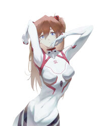 Rule 34 | 1girl, :/, arms up, artist request, blue eyes, bodysuit, breasts, brown hair, curvy, evangelion: 3.0+1.0 thrice upon a time, expressionless, female focus, hair between eyes, hair ornament, highres, long hair, looking at viewer, medium breasts, neon genesis evangelion, plugsuit, rebuild of evangelion, shiny clothes, solo, souryuu asuka langley, two side up, very long hair, white background, white bodysuit, wide hips