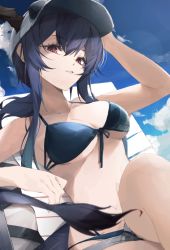 Rule 34 | 1girl, ankoro mochi, arknights, bare shoulders, baseball cap, bikini, black bikini, black hair, blue sky, breasts, ch&#039;en (arknights), ch&#039;en the holungday (arknights), cleavage, clothes writing, collarbone, day, dragon girl, dragon horns, dragon tail, female focus, hat, horns, horns through headwear, knee up, large breasts, long hair, looking at viewer, navel, outdoors, parted lips, red eyes, sidelocks, sitting, sky, smile, solo, swimsuit, tail, underboob, white hat
