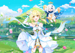 Rule 34 | 2girls, ;d, arm guards, armpits, black scarf, blonde hair, blue sky, blurry, cloud, cloudy sky, depth of field, dress, falling petals, feather hair ornament, feathers, floating, flower, genshin impact, hair flower, hair ornament, halo, horizon, lumine (genshin impact), mechanical halo, multiple girls, one eye closed, open mouth, paimon (genshin impact), petals, scarf, short hair with long locks, sky, smile, thighhighs, tree, white dress, white scarf, white thighhighs, wind, yellow eyes, yutukicom, zettai ryouiki