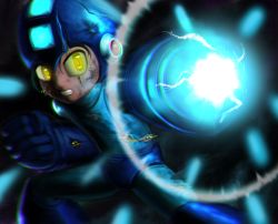 Rule 34 | 1boy, arm cannon, capcom, clenched hand, dclzexon, glowing, glowing eyes, helmet, male focus, mega man (character), mega man (classic), mega man (series), powering up, robot, solo, torn clothes, weapon, yellow eyes