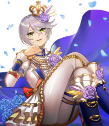 Rule 34 | 1girl, aiguillette, androgynous, bad id, bad pixiv id, blue flower, blue rose, boots, crossed legs, crown, epaulettes, feather hair ornament, feathers, flower, green eyes, hair between eyes, hair flower, hair ornament, highres, isaroishin, looking at viewer, military, military uniform, mini crown, pants, parted lips, petals, pretty series, pripara, rose, shikyoin hibiki, short hair, silver hair, sitting, smile, smug, solo, swept bangs, uniform