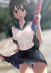 Rule 34 | 1girl, :o, black hair, blurry, blurry background, blush, breasts, covered erect nipples, furuyama itaru, holding, long hair, looking at viewer, medium breasts, open mouth, original, outdoors, panties, pantyshot, see-through, short sleeves, skirt, solo, striped clothes, striped panties, teeth, underwear, upper teeth only, water gun, wet, wet clothes