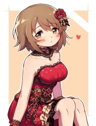 Rule 34 | 1girl, :o, bad id, bad twitter id, blush, breasts, brown eyes, brown hair, commentary, dress, hair between eyes, hair ornament, heart, idolmaster, idolmaster cinderella girls, invisible chair, medium breasts, mg pong, mimura kanako, parted lips, red dress, short hair, simple background, sitting, solo, strapless, strapless dress, symbol-only commentary, two-tone background