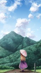 Rule 34 | 1girl, absurdres, blonde hair, blue sky, bush, cloud, commentary request, day, dd tachibana, dress, forest, frilled dress, frills, from behind, full body, grass, hair ribbon, high heels, highres, holding, holding umbrella, laevatein, landscape, long hair, mountain, nature, outdoors, parasol, path, purple footwear, red ribbon, ribbon, road, scenery, sky, solo, standing, torii, touhou, umbrella, wide shot, yakumo yukari