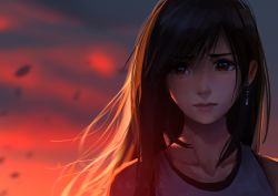Rule 34 | 1girl, absurdres, bare shoulders, black hair, collarbone, earrings, final fantasy, final fantasy vii, final fantasy vii remake, floating hair, hair flowing over, highres, jewelry, lips, long hair, outdoors, red eyes, red lips, safaia, solo, sunset, tank top, tifa lockhart, upper body, white tank top
