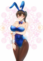 Rule 34 | 1girl, animal ears, bare shoulders, blue leotard, bow, bowtie, breasts, brown eyes, brown hair, rabbit ears, rabbit tail, cleavage, detached collar, fake animal ears, fishnet pantyhose, fishnets, kaga (kancolle), kantai collection, kashiru, large breasts, leotard, lips, medium hair, pantyhose, playboy bunny, side ponytail, solo, strapless, strapless leotard, tail, wrist cuffs