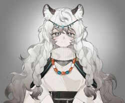 Rule 34 | 1girl, animal ear fluff, animal ears, arknights, bead necklace, beads, blush, braid, bright pupils, closed mouth, diamond-shaped pupils, diamond (shape), dress, gradient background, gradient hair, grey background, grey eyes, grey hair, hair between eyes, jewelry, kelian keaietou, leopard ears, leopard girl, looking at viewer, multicolored hair, necklace, pramanix (arknights), simple background, smile, solo, split mouth, symbol-shaped pupils, turtleneck, turtleneck dress, twin braids, upper body, white dress, white hair, white pupils