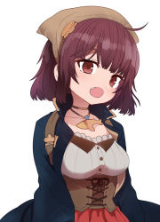 Rule 34 | 1girl, ahoge, atelier (series), atelier sophie, breasts, brown eyes, collared coat, corset, fang, head scarf, jewelry, looking at viewer, medium breasts, necklace, open mouth, short hair, simple background, solo, sophie neuenmuller, sumiyao (amam), underbust, upper body, white background