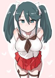 Rule 34 | 1girl, 4me 4ma, blue eyes, brown neckerchief, hair between eyes, hair ribbon, highres, isuzu (kancolle), jitome, kantai collection, long hair, looking at viewer, motion lines, neckerchief, pleated skirt, red skirt, ribbon, school uniform, serafuku, skirt, solo, standing, thighhighs, twintails, white ribbon, white thighhighs